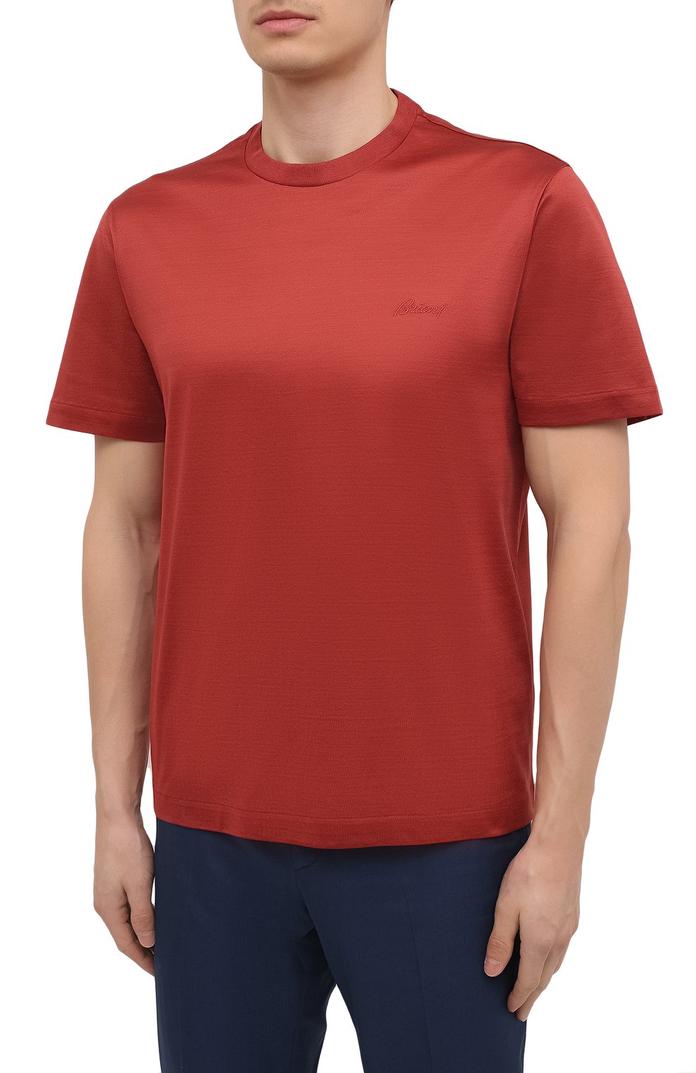 Мужская хлопковая футболка BRIONI оранжевого цвета, арт. UJCA0L/PZ600 | Фото 3 (Принт: Без принта; Рукава: Короткие; Длина (для топов): Стандартные; Региональные ограничения белый список (Axapta Mercury): RU; Материал внешний: Хлопок; Стили: Кэжуэл)