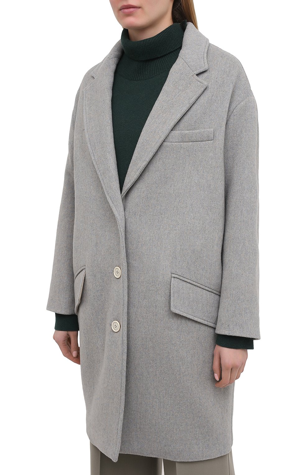 Женское пальто ISABEL MARANT ETOILE серого цвета, арт. MA0908-21P005E/LIMI | Фото 3 (Материал внешний: Шерсть, Синтетический материал; Рукава: Длинные; Длина (верхняя одежда): До колена; Региональные ограничения белый список (Axapta Mercury): RU; 1-2-бортные: Однобортные; Материал подклада: Вискоза; Стили: Кэжуэл)