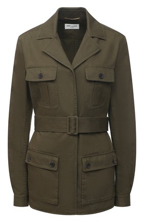 Женская хлопковая куртка SAINT LAURENT хаки цвета, арт. 506647/Y153W | Фото 1 (Длина (верхняя одежда): Короткие; Стили: Милитари; Кросс-КТ: Куртка; Материал внешний: Хлопок; Рукава: Длинные)