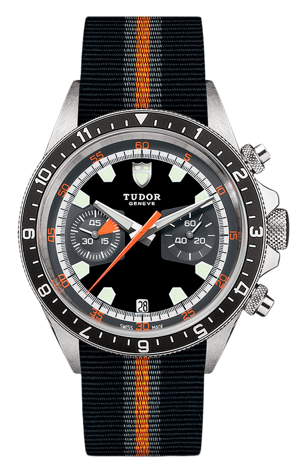 Мужские часы chrono TUDOR бесцветного цвета, арт. 70330N/BLACK FABRIC STRAP GREY AND ORANGE/BLACK GR | Фото 1 (Механизм: Автомат; Материал корпуса: Сталь; Цвет циферблата: Чёрный)