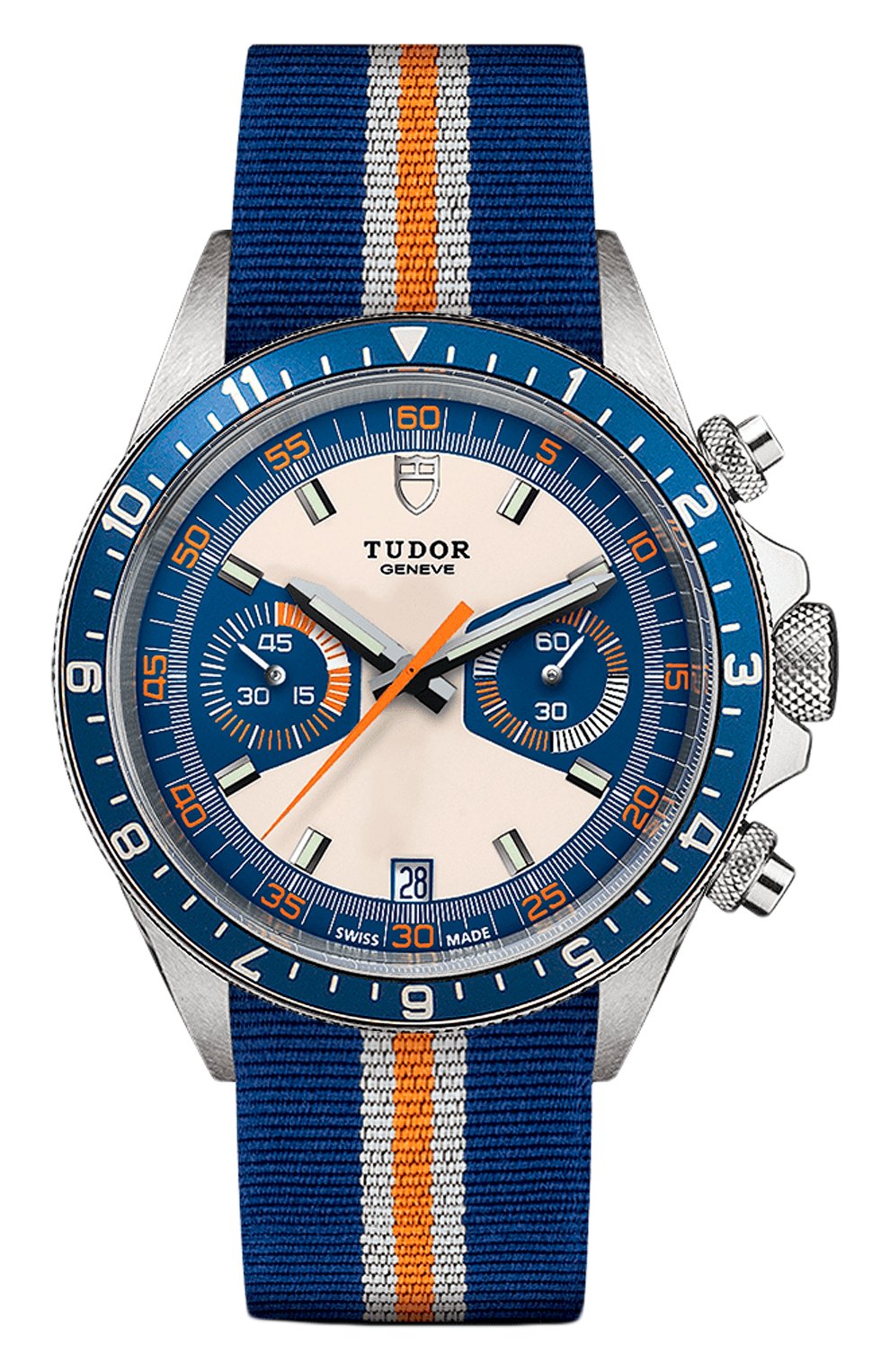 Мужские часы chrono blue TUDOR бесцветного цвета, арт. 70330B/BLUE FABRIC WHITE AND ORANGE/OPALINE BLUE | Фото 1 (Механизм: Автомат; Материал корпуса: Сталь; Цвет циферблата: Другое)