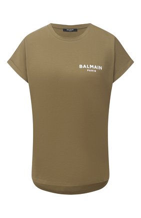Женская хлопковая футболка BALMAIN хаки цвета по цене 23350 руб., арт. ZF41351/B025 | Фото 1 Женская хлопковая футболка BALMAIN хаки цвета, арт. ZF41351/B025 | Фото 1