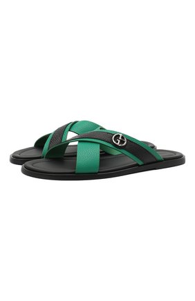Мужские кожаные шлепанцы GIORGIO ARMANI зеленого цвета по цене 37700 руб., арт. X2P045/XM838 | Фото 1 Мужские кожаные шлепанцы GIORGIO ARMANI зеленого цвета, арт. X2P045/XM838 | Фото 1
