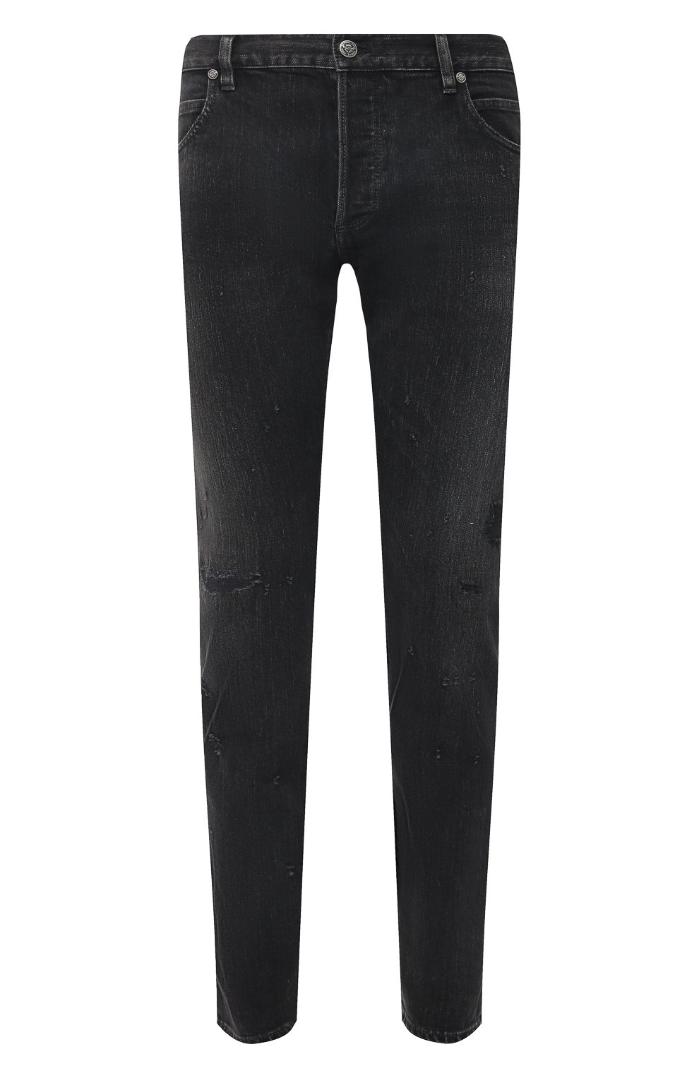 Мужские джинсы BALMAIN темно-серого цвета, арт. VH1MH000/099D | Фото 1 (Силуэт М (брюки): Узкие; Кросс-КТ: Деним; Длина (брюки, джинсы): Стандартные; Стили: Гранж; Материал внешний: Хлопок; Детали: Потертости)