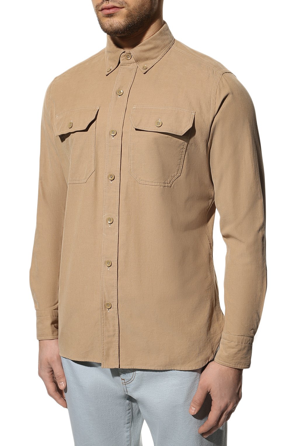 Мужская хлопковая рубашка TOM FORD бежевого цвета, арт. 9FT878/94UDAN | Фото 3 (Манжеты: На пуговицах; Воротник: Button down; Рукава: Длинные; Случай: Повседневный; Длина (для топов): Стандартные; Рубашки М: Slim Fit; Региональные ограничения белый список (Axapta Mercury): RU; Материал внешний: Хлопок; Принт: Однотонные; Стили: Кэжуэл)