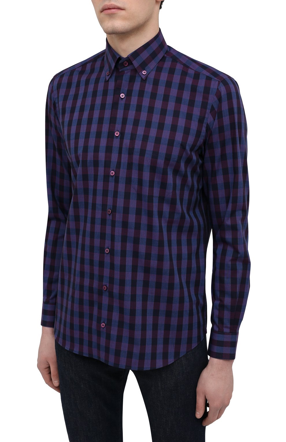 Мужская хлопковая рубашка ZILLI SPORT фиолетового цвета, арт. MFU-7025-0001/0017/19/21/23/25 | Фото 3 (Манжеты: На пуговицах; Воротник: Button down; Принт: Клетка; Рукава: Длинные; Рубашки М: Regular Fit; Случай: Повседневный; Длина (для топов): Стандартные; Региональные ограничения белый список (Axapta Mercury): RU; Материал внешний: Хлопок; Стили: Кэжуэл)