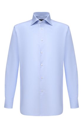 Мужская хлопковая сорочка ERMENEGILDO ZEGNA голубого цвета по цене 34350 руб., арт. 901030/9RS0GS | Фото 1 Мужская хлопковая сорочка ERMENEGILDO ZEGNA голубого цвета, арт. 901030/9RS0GS | Фото 1 (Рукава: Длинные; Рубашки М: Slim Fit; Стили: Классический; Принт: Однотонные; Манжеты: На пуговицах; Случай: Формальный; Длина (для топов): Стандартные; Материал внешний: Хлопок; Воротник: Акула)