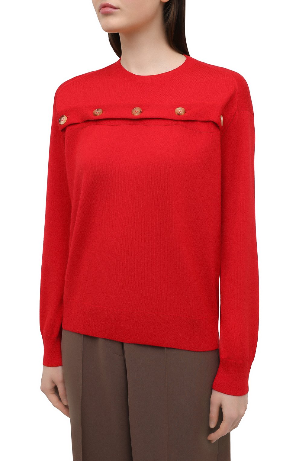 Женский шерстяной пуловер BOTTEGA VENETA красного цвета, арт. 648729/V09S0 | Фото 3 (Материал внешний: Шерсть; Рукава: Длинные; Длина (для топов): Стандартные; Региональные ограничения белый список (Axapta Mercury): RU; Женское Кросс-КТ: Пуловер-одежда; Стили: Кэжуэл)