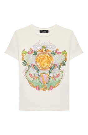 Детская хлопковая футболка VERSACE белого цвета по цене 12500 руб., арт. 1000052/1A00124/8A-14A | Фото 1 Детская хлопковая футболка VERSACE белого цвета, арт. 1000052/1A00124/8A-14A | Фото 1
