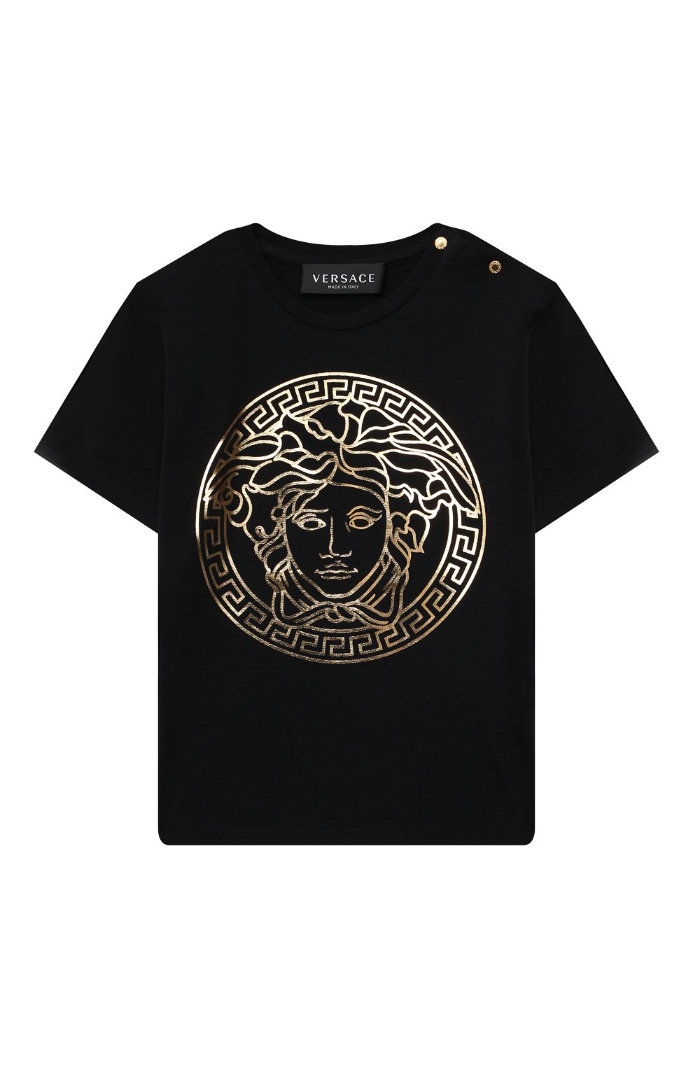 Детский хлопковая футболка VERSACE черного цвета, арт. 1000102/1A00229 | Фото 1 (Рукава: Короткие; Региональные ограничения белый список (Axapta Mercury): RU; Материал внешний: Хлопок; Ростовка одежда: 12 мес | 80 см, 18 мес | 86 см, 24 мес | 92 см, 36 мес | 98 см)