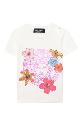 Детский хлопковая футболка VERSACE белого цвета по цене 10800 руб., арт. 1000152/1A00121 | Фото 1 Детский хлопковая футболка VERSACE белого цвета, арт. 1000152/1A00121 | Фото 1 (Материал внешний: Хлопок; Рукава: Короткие; Ростовка одежда: 12 мес | 80 см, 18 мес | 86 см, 24 мес | 92 см, 36 мес | 98 см)