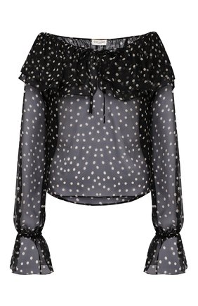 Женская шелковая блузка SAINT LAURENT черного цвета, арт. 646002/Y5C42 | Фото 1 (Материал внешний: Шелк; Длина (для топов): Стандартные; Принт: С принтом; Стили: Гламурный; Женское Кросс-КТ: Блуза-одежда; Рукава: Длинные)