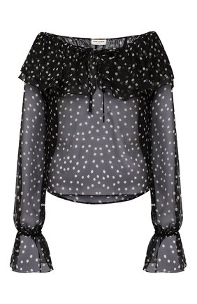 Женская шелковая блузка SAINT LAURENT черного цвета по цене 123500 руб., арт. 646002/Y5C42 | Фото 1 Женская шелковая блузка SAINT LAURENT черного цвета, арт. 646002/Y5C42 | Фото 1 (Материал внешний: Шелк; Длина (для топов): Стандартные; Принт: С принтом; Стили: Гламурный; Женское Кросс-КТ: Блуза-одежда; Рукава: Длинные)