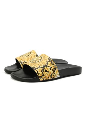 Мужские кожаные шлепанцы VERSACE желтого цвета по цене 33550 руб., арт. DSU6210/D61VG | Фото 1 Мужские кожаные шлепанцы VERSACE желтого цвета, арт. DSU6210/D61VG | Фото 1