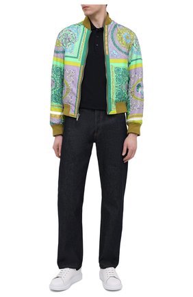 Мужское хлопковое поло VERSACE темно-синего цвета по цене 42600 руб., арт. A87427/A237141 | Фото 2 Мужское хлопковое поло VERSACE темно-синего цвета, арт. A87427/A237141 | Фото 2 (Материал внешний: Хлопок; Рукава: Короткие; Стили: Кэжуэл; Длина (для топов): Стандартные; Застежка: Пуговицы)