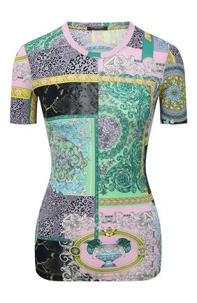 Женская футболка из вискозы VERSACE разноцветного цвета по цене 42050 руб., арт. A88681/1F00628 | Фото 1 Женская футболка из вискозы VERSACE разноцветного цвета, арт. A88681/1F00628 | Фото 1