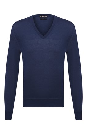 Мужской пуловер из кашемира и шелка TOM FORD синего цвета, арт. BWH99/TFK100 | Фото 1 (Рукава: Длинные; Мужское Кросс-КТ: Пуловеры; Длина (для топов): Стандартные; Стили: Кэжуэл; Материал внешний: Шелк, Шерсть, Кашемир; Принт: Без принта; Вырез: V-образный)