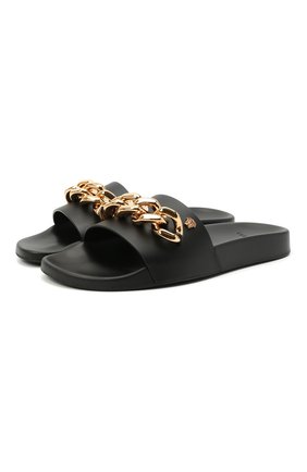 Женские кожаные шлепанцы VERSACE черного цвета по цене 39100 руб., арт. DST578C/DV46G | Фото 1 Женские кожаные шлепанцы VERSACE черного цвета, арт. DST578C/DV46G | Фото 1 (Подошва: Платформа)