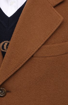 Мужской шерстяное пальто GUCCI коричневого цвета, арт. 609000/ZACEV | Фото 5 (Материал внешний: Шерсть; Рукава: Длинные; Длина (верхняя одежда): До колена; Региональные ограничения белый список (Axapta Mercury): RU; Материал подклада: Вискоза; Мужское Кросс-КТ: пальто-верхняя одежда; Стили: Кэжуэл)