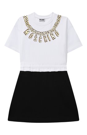 Детское хлопковое платье MOSCHINO черно-белого цвета по цене 13300 руб., арт. HAV09P/LDA00/4A-8A | Фото 1 Детское хлопковое платье MOSCHINO черно-белого цвета, арт. HAV09P/LDA00/4A-8A | Фото 1 (Материал внешний: Хлопок; Девочки Кросс-КТ: Платье-одежда; Случай: Повседневный; Рукава: Короткие; Ростовка одежда: 6 лет | 116 см, 8 лет | 128 см)