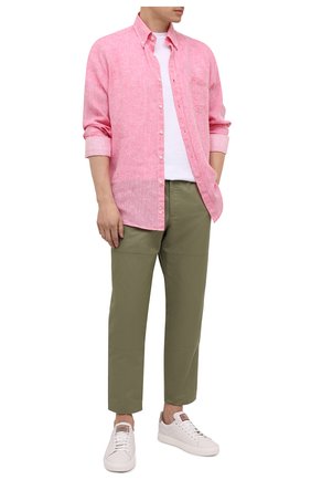 Мужская льняная рубашка PAUL&SHARK розового цвета, арт. 21413108/F7E | Фото 2 (Манжеты: На пуговицах; Воротник: Button down; Случай: Повседневный; Рубашки М: Regular Fit; Рукава: Длинные; Стили: Кэжуэл; Принт: Однотонные; Материал внешний: Лен; Длина (для топов): Удлиненные)