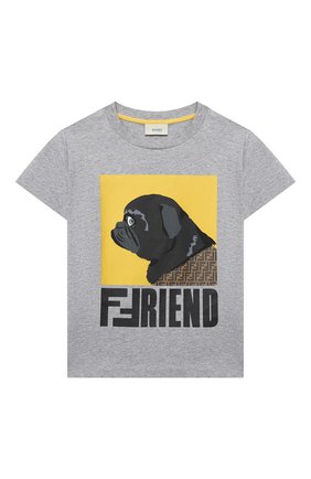 Детская хлопковая футболка FENDI серого цвета по цене 12650 руб., арт. JUI025/7AJ/3A-6A | Фото 1 Детская хлопковая футболка FENDI серого цвета, арт. JUI025/7AJ/3A-6A | Фото 1