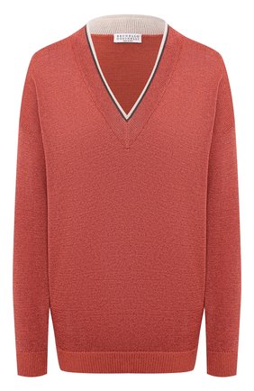 Женский пуловер из хлопка и вискозы BRUNELLO CUCINELLI оранжевого цвета, арт. M74767422 | Фото 1 (Стили: Кэжуэл; Материал внешний: Хлопок; Длина (для топов): Стандартные; Женское Кросс-КТ: Пуловер-одежда; Рукава: Длинные; Региональные ограничения белый список (Axapta Mercury): RU)