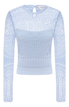 Женский пуловер ALEXANDER MCQUEEN голубого цвета по цене 125500 руб., арт. 652456/Q1ATQ | Фото 1 Женский пуловер ALEXANDER MCQUEEN голубого цвета, арт. 652456/Q1ATQ | Фото 1