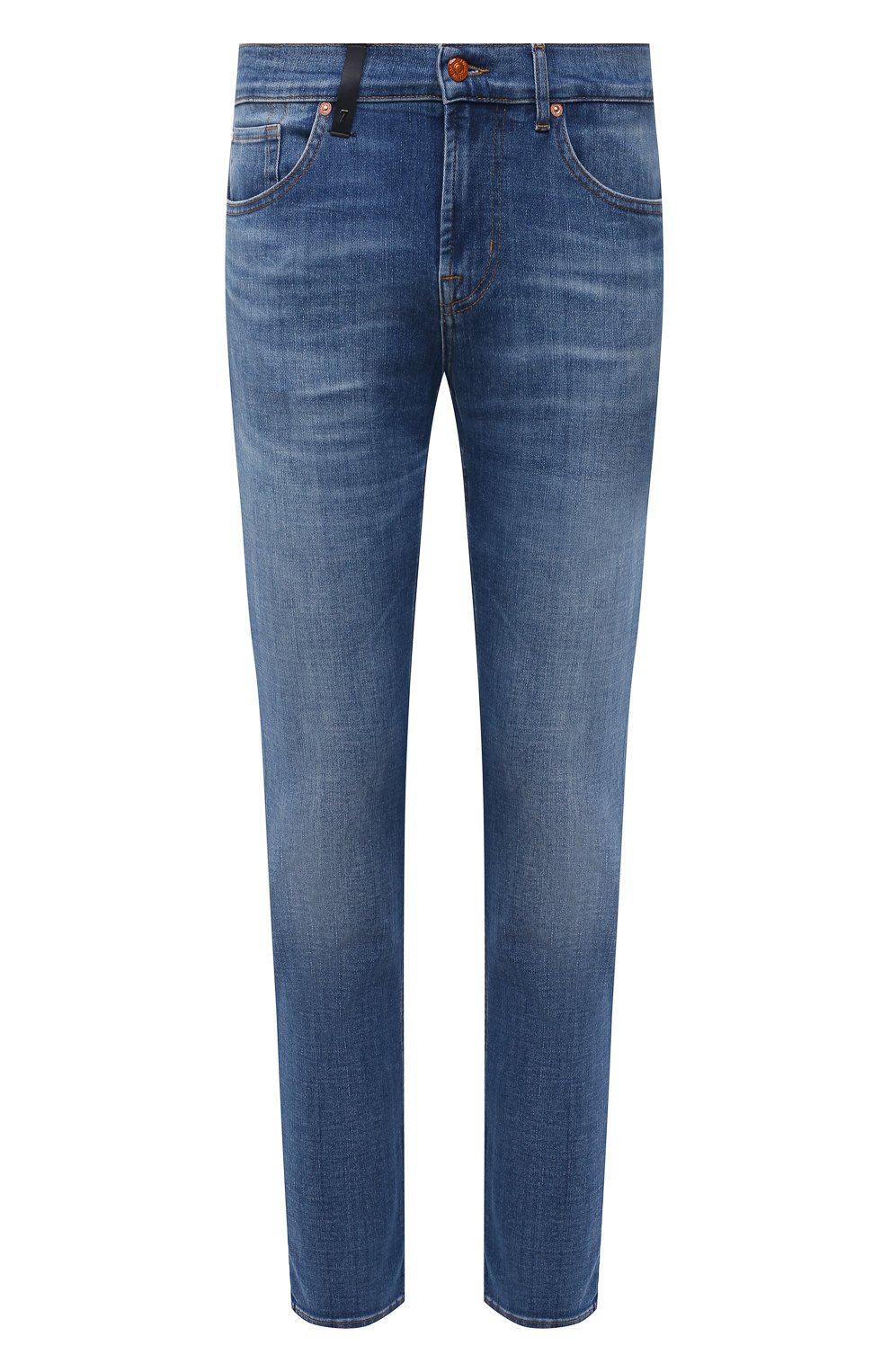 Мужские джинсы 7 FOR ALL MANKIND синего цвета, арт. JSMXB48BLI | Фото 1 (Силуэт М (брюки): Прямые; Кросс-КТ: Деним; Длина (брюки, джинсы): Стандартные; Материал внешний: Хлопок; Детали: Потертости; Стили: Кэжуэл)
