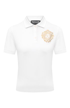 Женское хлопковое поло VERSACE JEANS COUTURE белого цвета по цене 14400 руб., арт. B2HWA7FB-WDP620 V-EMBLEM S3D G/30454 | Фото 1 Женское хлопковое поло VERSACE JEANS COUTURE белого цвета, арт. B2HWA7FB-WDP620 V-EMBLEM S3D G/30454 | Фото 1