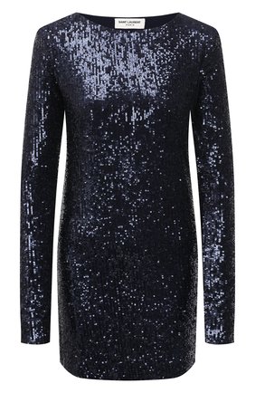 Женское платье с пайетками SAINT LAURENT синего цвета по цене 94950 руб., арт. 646144/YB0K2 | Фото 1 Женское платье с пайетками SAINT LAURENT синего цвета, арт. 646144/YB0K2 | Фото 1 (Длина Ж (юбки, платья, шорты): Мини; Материал внешний: Синтетический материал; Материал подклада: Вискоза; Стили: Гламурный; Рукава: Длинные; Женское Кросс-КТ: Платье-одежда; Случай: Вечерний)