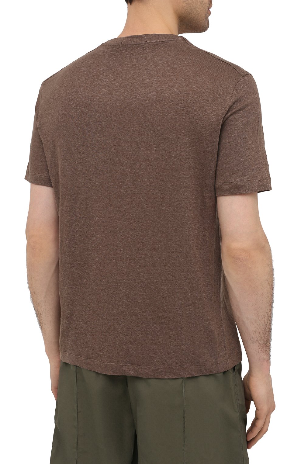 Мужская льняная футболка ERMENEGILDO ZEGNA коричневого цвета, арт. UU564/706 | Фото 4 (Принт: Без принта; Рукава: Короткие; Длина (для топов): Стандартные; Материал внешний: Лен; Стили: Кэжуэл)