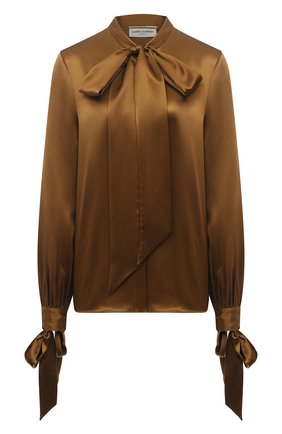 Женская шелковая блузка SAINT LAURENT коричневого цвета, арт. 640877/Y001W | Фото 1 (Длина (для топов): Стандартные; Материал внешний: Шелк; Рукава: Длинные; Стили: Романтичный; Женское Кросс-КТ: Блуза-одежда; Принт: Без принта)