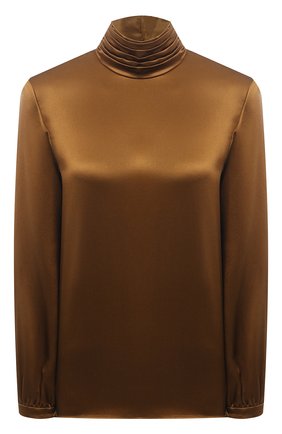 Женская шелковая блузка SAINT LAURENT коричневого цвета, арт. 631071/Y001W | Фото 1 (Длина (для топов): Стандартные; Материал внешний: Шелк; Рукава: Длинные; Стили: Романтичный; Женское Кросс-КТ: Блуза-одежда; Принт: Без принта)
