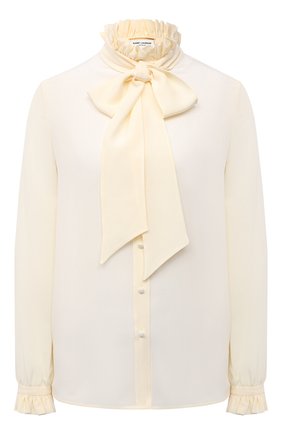 Женская шелковая блузка SAINT LAURENT светло-бежевого цвета, арт. 646010/Y100W | Фото 1 (Рукава: Длинные; Материал внешний: Шелк; Длина (для топов): Стандартные; Принт: Без принта; Женское Кросс-КТ: Блуза-одежда; Стили: Романтичный; Региональные ограничения белый список (Axapta Mercury): RU)