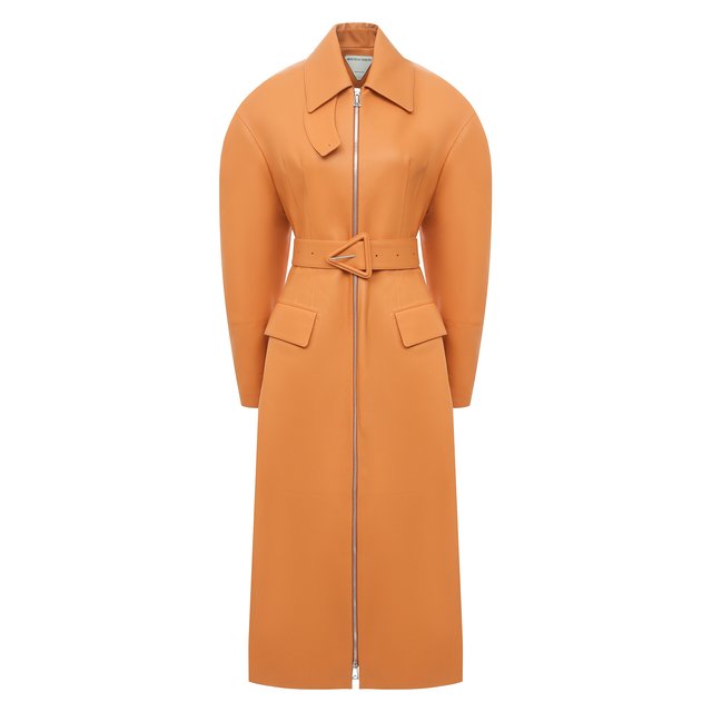 Кожаное пальто Bottega Veneta оранжевого цвета