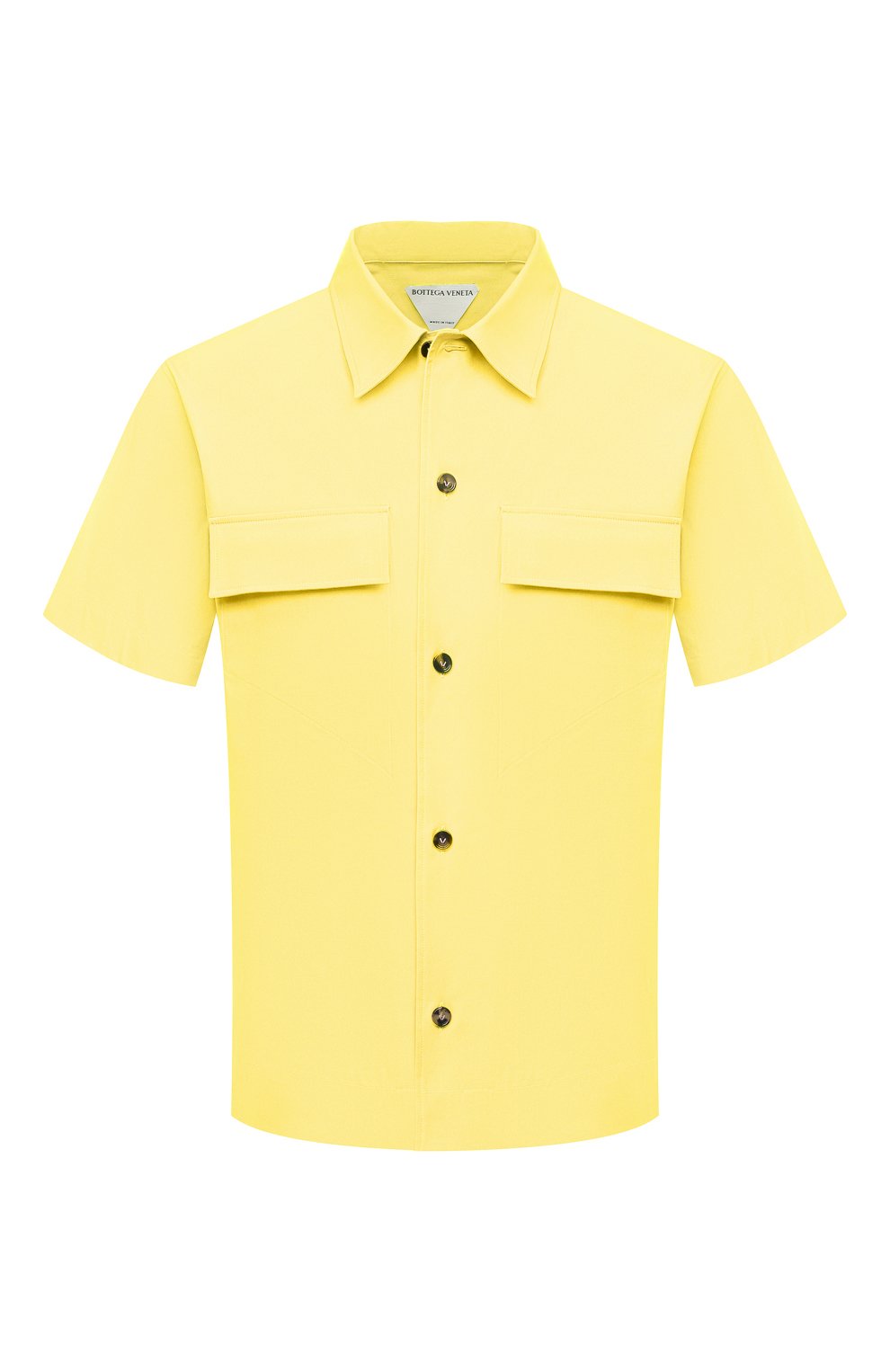 Мужская хлопковая рубашка BOTTEGA VENETA желтого цвета, арт. 652051/VKIX0 | Фото 1 (Воротник: Кент; Рубашки М: Classic Fit; Рукава: Короткие; Случай: Повседневный; Длина (для топов): Стандартные; Региональные ограничения белый список (Axapta Mercury): RU; Материал внешний: Хлопок; Принт: Однотонные; Стили: Минимализм)