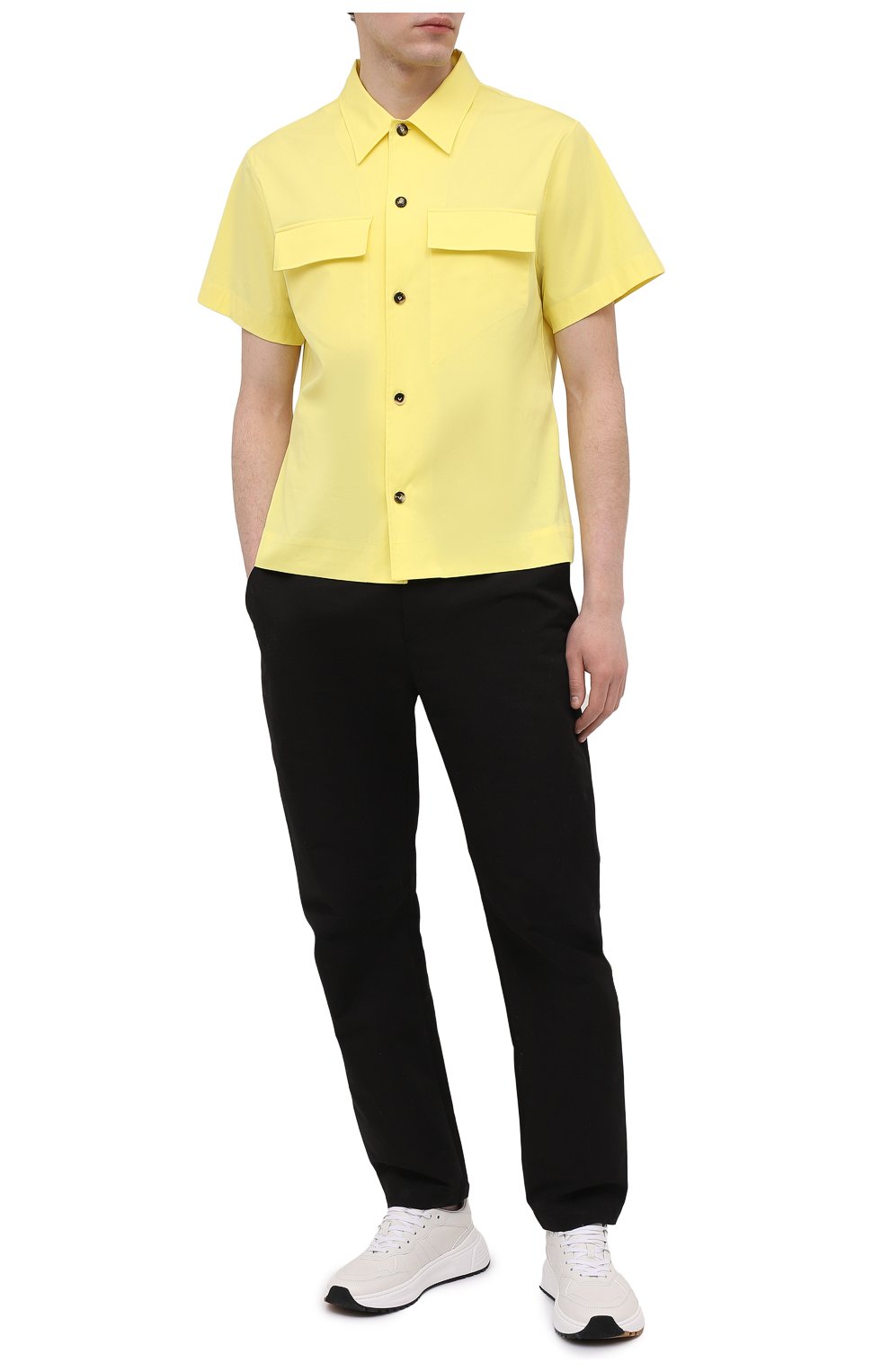 Мужская хлопковая рубашка BOTTEGA VENETA желтого цвета, арт. 652051/VKIX0 | Фото 2 (Воротник: Кент; Рубашки М: Classic Fit; Рукава: Короткие; Случай: Повседневный; Длина (для топов): Стандартные; Региональные ограничения белый список (Axapta Mercury): RU; Материал внешний: Хлопок; Принт: Однотонные; Стили: Минимализм)