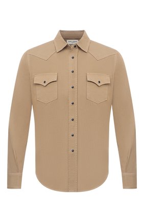 Мужская хлопковая рубашка SAINT LAURENT бежевого цвета по цене 47150 руб., арт. 597059/Y27BB | Фото 1 Мужская хлопковая рубашка SAINT LAURENT бежевого цвета, арт. 597059/Y27BB | Фото 1 (Рукава: Длинные; Материал внешний: Хлопок; Длина (для топов): Стандартные; Случай: Повседневный; Стили: Кэжуэл; Принт: Однотонные; Воротник: Кент; Манжеты: На кнопках)