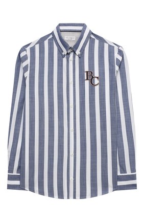 Детская хлопковая рубашка BRUNELLO CUCINELLI синего цвета, арт. BW649C370A | Фото 1 (Материал внешний: Хлопок; Рукава: Длинные; Стили: Классический; Региональные ограничения белый список (Axapta Mercury): RU; Ростовка одежда: 4 года | 104 см, 6 лет | 116 см)