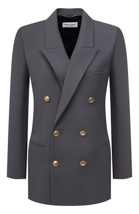 Женский шерстяной жакет SAINT LAURENT серого цвета по цене 219000 руб., арт. 648754/Y7B73 | Фото 1 Женский шерстяной жакет SAINT LAURENT серого цвета, арт. 648754/Y7B73 | Фото 1 (Длина (для топов): Стандартные; Рукава: Длинные; Материал внешний: Шерсть; Материал подклада: Шелк; 1-2-бортные: Двубортные; Случай: Повседневный; Принт: Без принта; Стили: Кэжуэл; Женское Кросс-КТ: Жакет-одежда)