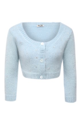 Женский кардиган MIU MIU голубого цвета по цене 97000 руб., арт. MMF394-1UGJ-F0012 | Фото 1 Женский кардиган MIU MIU голубого цвета, арт. MMF394-1UGJ-F0012 | Фото 1