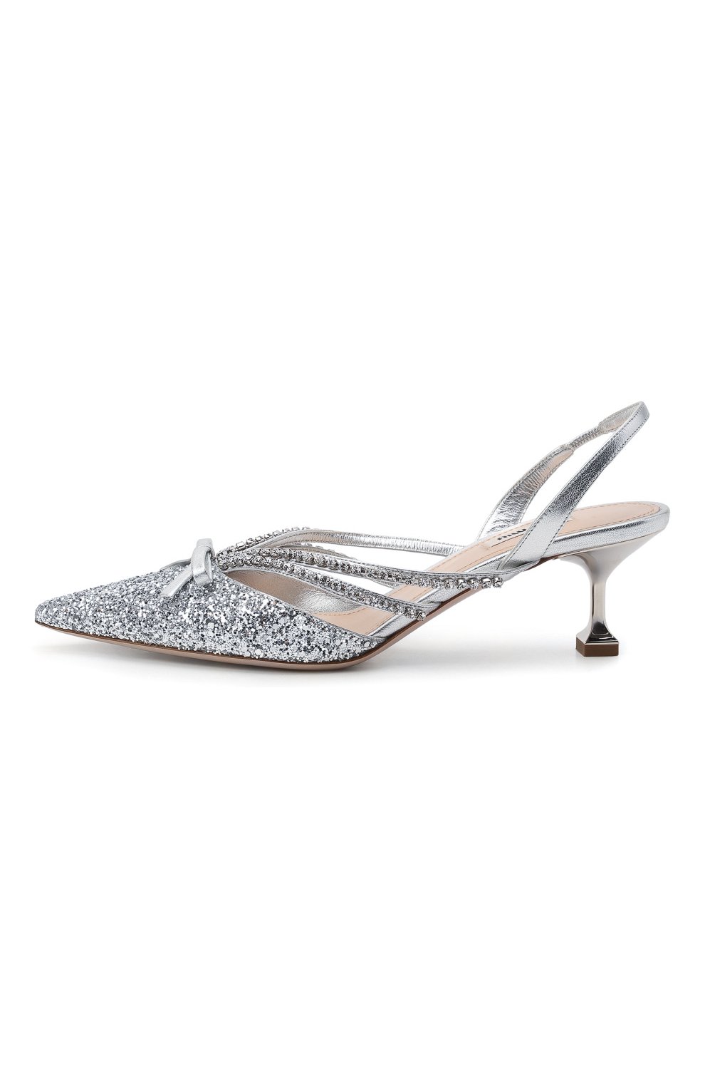 Женские туфли MIU MIU серебряного цвета, арт. 5I402D-36B-F0118-D055 | Фото 3 (Материал внешний: Текстиль; Материал внутренний: Натуральная кожа; Каблук высота: Средний; Подошва: Плоская; Каблук тип: Kitten heel)