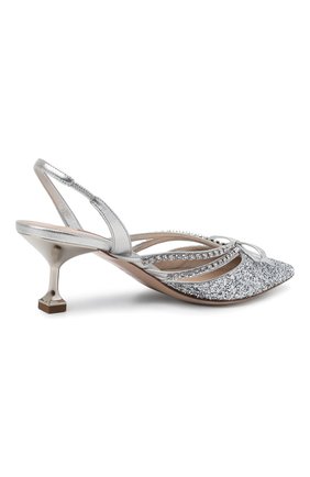 Женские туфли MIU MIU серебряного цвета, арт. 5I402D-36B-F0118-D055 | Фото 4 (Материал внешний: Текстиль; Материал внутренний: Натуральная кожа; Каблук высота: Средний; Подошва: Плоская; Каблук тип: Kitten heel)
