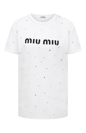 Женская хлопковая футболка MIU MIU белого цвета по цене 68000 руб., арт. MJN240-1XE1-F0009 | Фото 1 Женская хлопковая футболка MIU MIU белого цвета, арт. MJN240-1XE1-F0009 | Фото 1