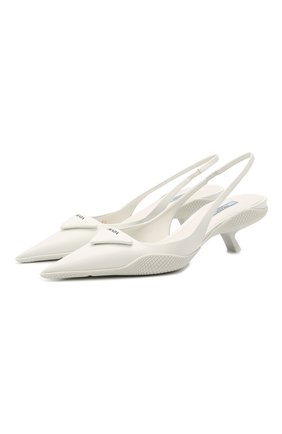 Женские кожаные туфли PRADA белого цвета, арт. 1I565M-055-F0009-A045 | Фото 1 (Каблук высота: Средний; Подошва: Плоская; Каблук тип: Kitten heel; Материал внешний: Кожа)
