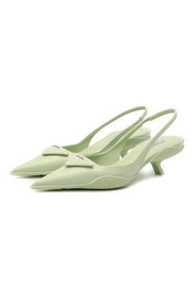 Женские кожаные туфли PRADA светло-зеленого цвета, арт. 1I565M-055-F0934-A045 | Фото 1 (Каблук высота: Средний; Подошва: Плоская; Каблук тип: Kitten heel; Материал внешний: Кожа)