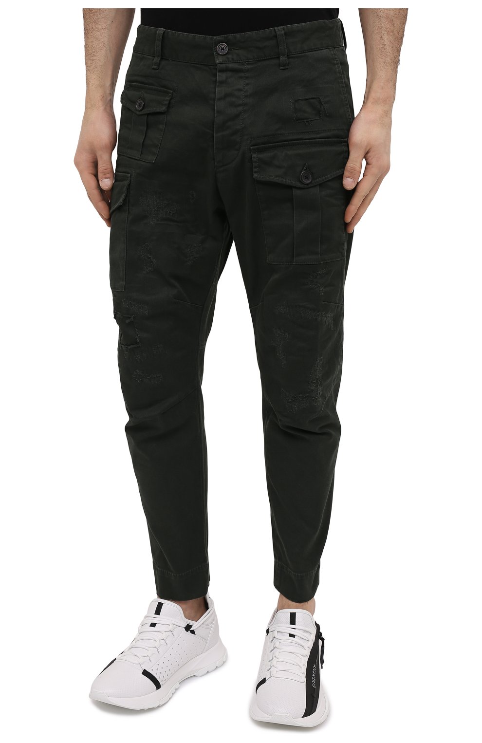 Мужские хлопковые брюки DSQUARED2 темно-зеленого цвета, арт. S74KB0537/S39021 | Фото 3 (Случай: Повседневный; Стили: Гранж; Материал внешний: Хлопок; Длина (брюки, джинсы): Укороченные)
