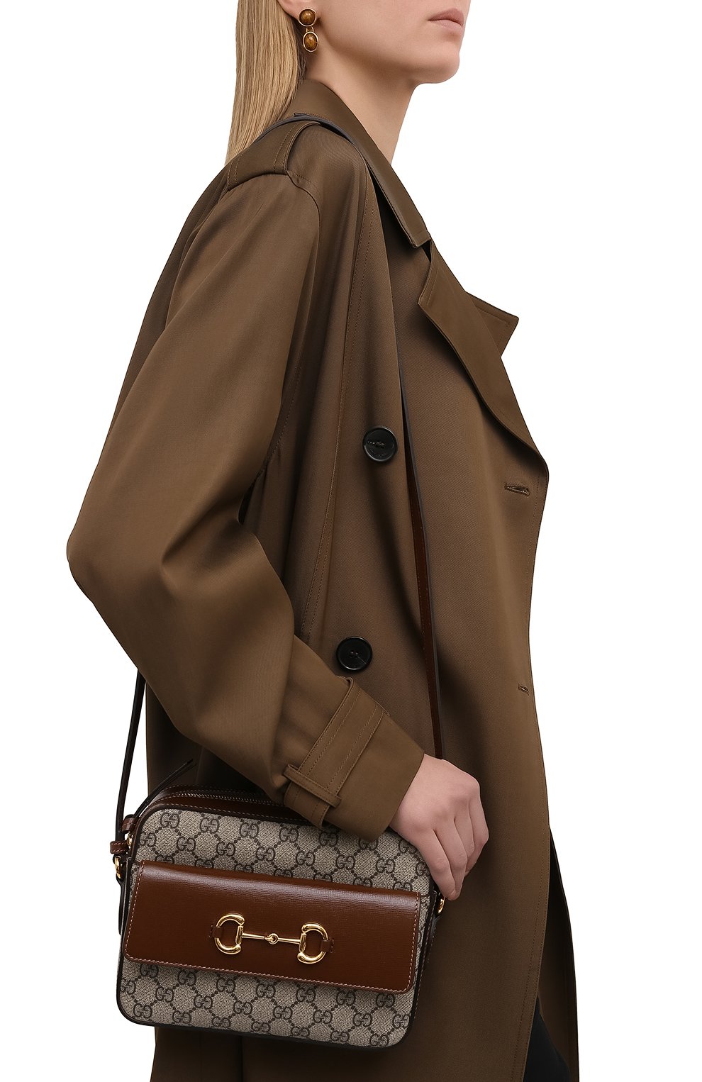 Женская сумка gg 1955 horsebit GUCCI коричневого цвета, арт. 645454/92TCG | Фото 2 (Сумки-технические: Сумки через плечо; Ремень/цепочка: На ремешке; Материал: Текстиль, Экокожа; Размер: small)