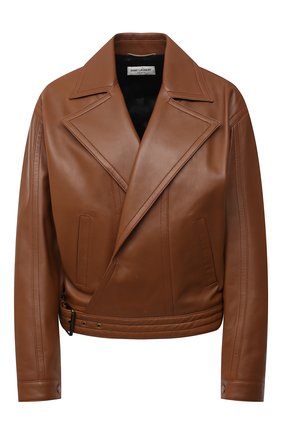 Женская кожаная куртка SAINT LAURENT коричневого цвета, арт. 644265/Y50A2 | Фото 1 (Длина (верхняя одежда): Короткие; Стили: Гламурный; Женское Кросс-КТ: Замша и кожа; Материал подклада: Купро; Рукава: Длинные; Кросс-КТ: Куртка; Материал внешний: Натуральная кожа)